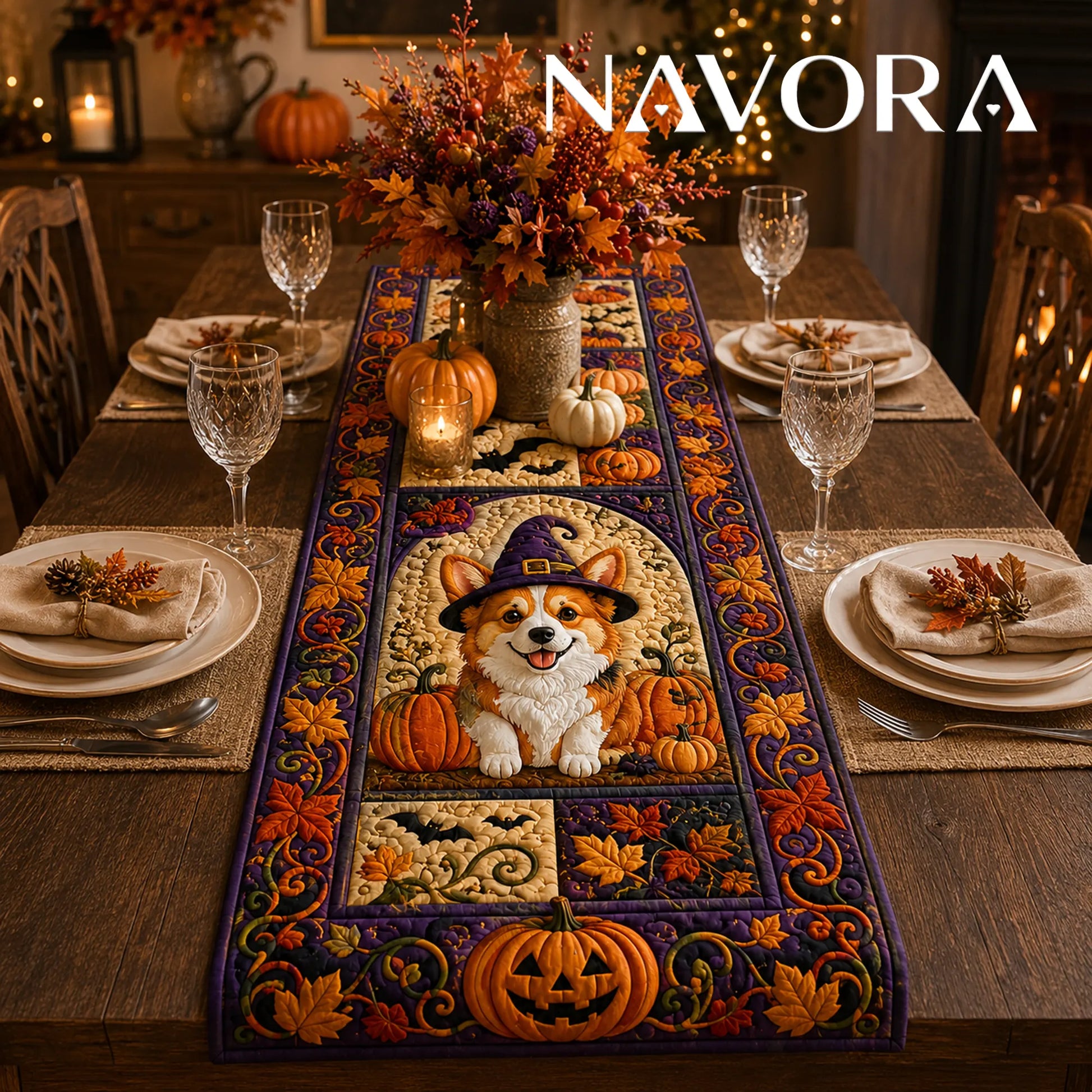 Halloween Corgi witch quilt table runner with pumpkins, bats, autumn leaves and purple patchwork border on a dining table