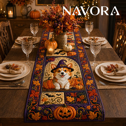 Halloween Corgi witch quilt table runner with pumpkins, bats, autumn leaves and purple patchwork border on a dining table
