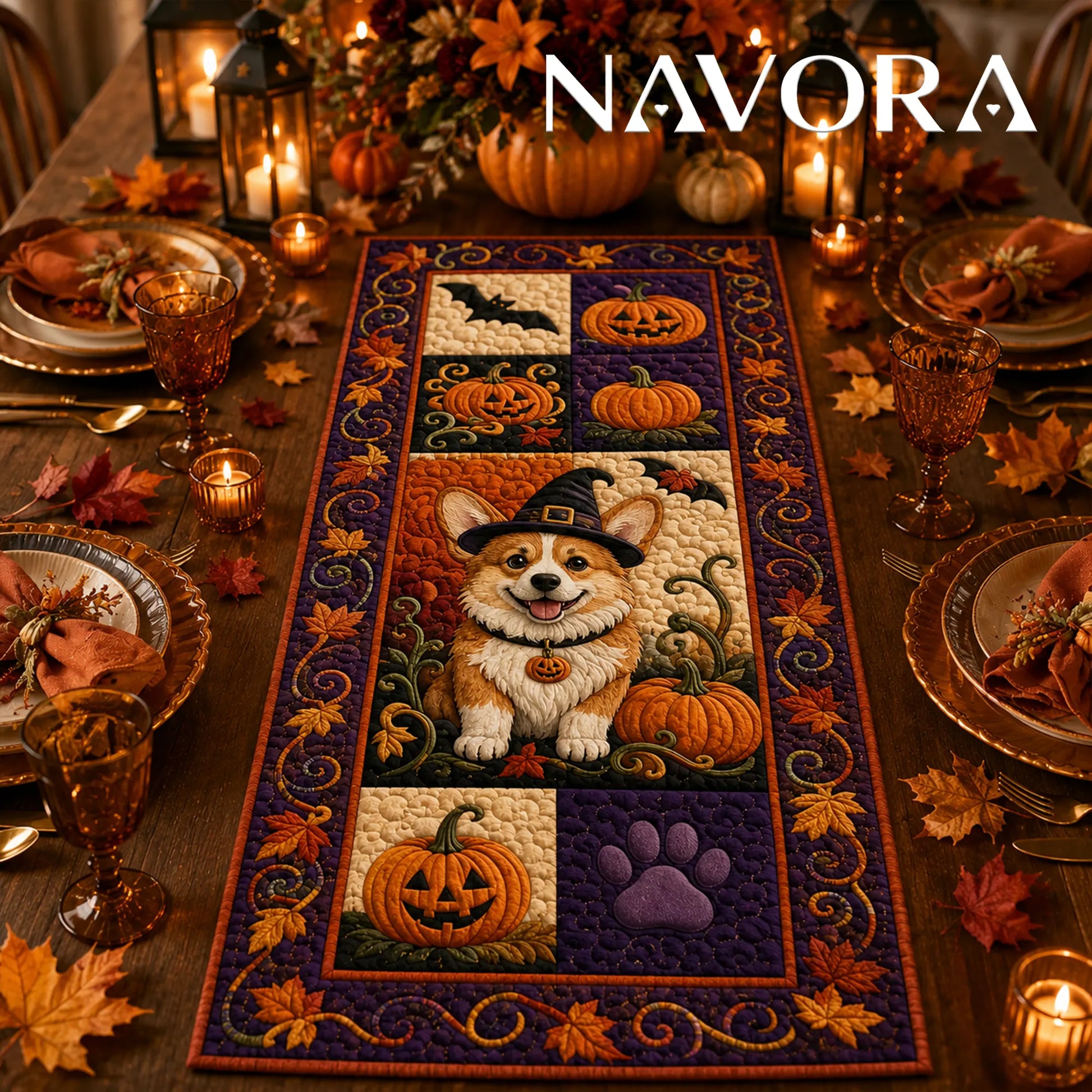 Halloween Corgi witch quilt table runner with pumpkins, bats, paw print and purple orange patchwork design