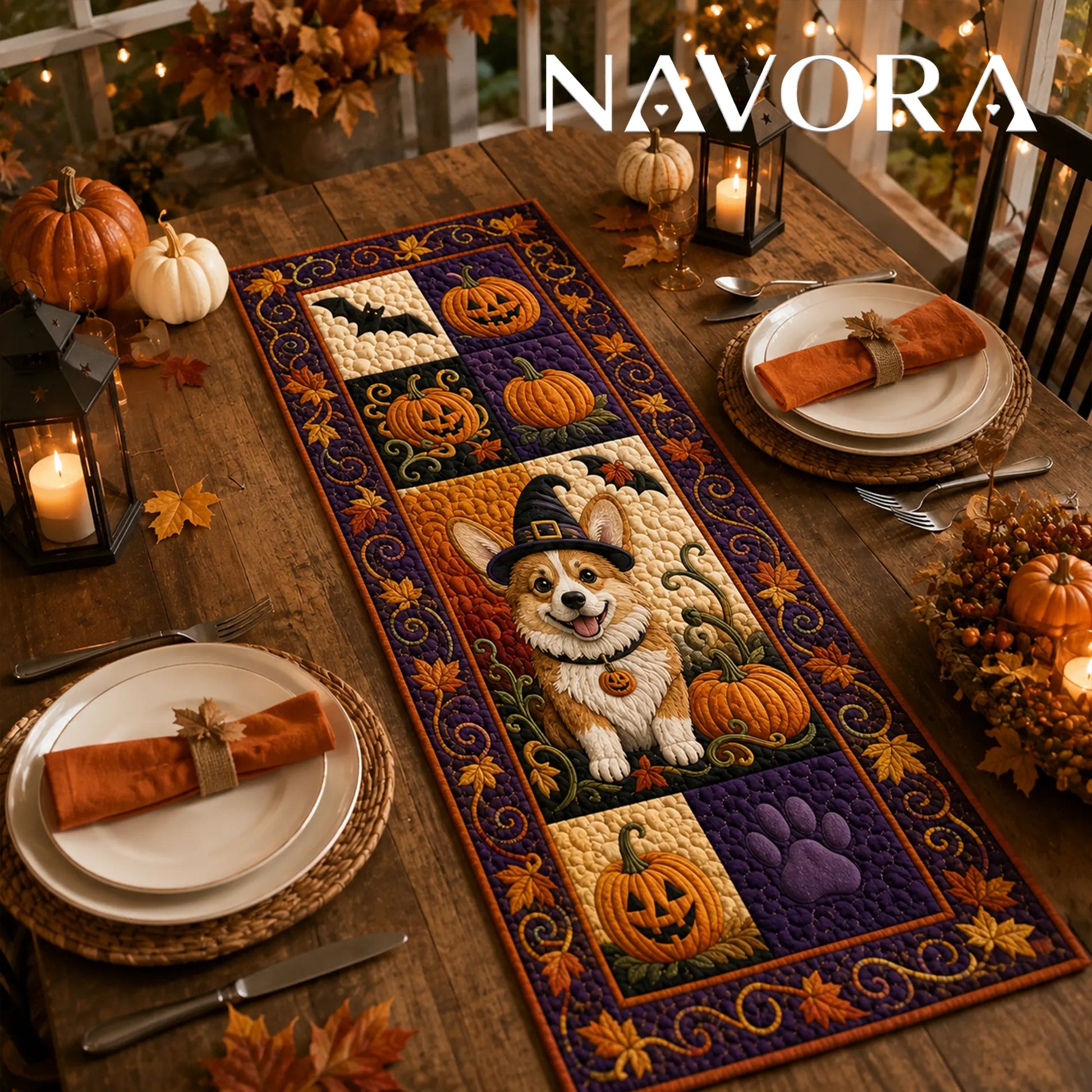Halloween Corgi witch quilt table runner with pumpkins, bats, paw print and purple orange patchwork design