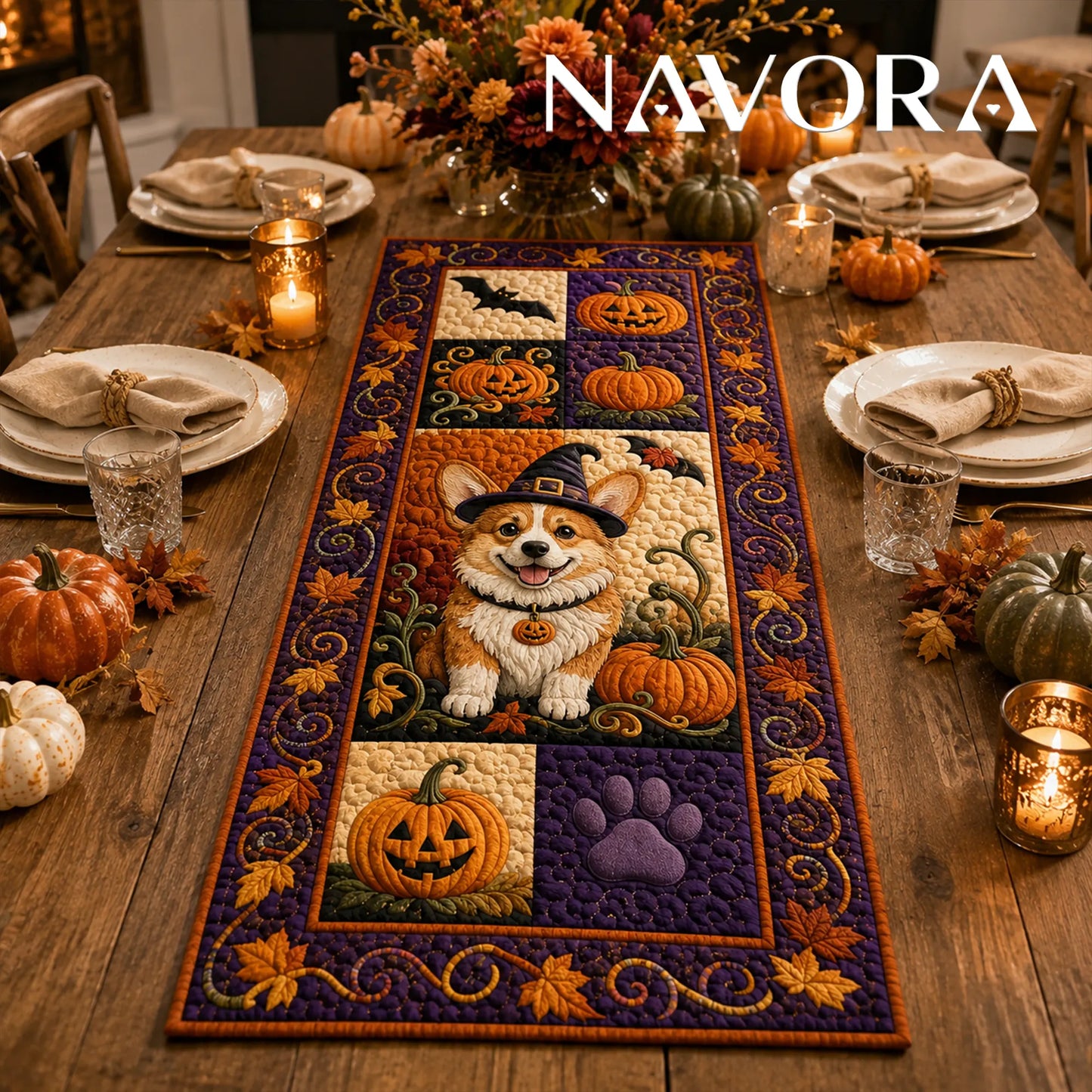 Halloween Corgi witch quilt table runner with pumpkins, bats, paw print and purple orange patchwork design