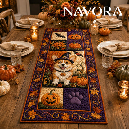 Halloween Corgi witch quilt table runner with pumpkins, bats, paw print and purple orange patchwork design