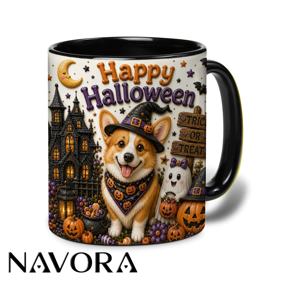 Happy Halloween Corgi accent mug with witch hat, haunted mansion, pumpkins and ghost decorations