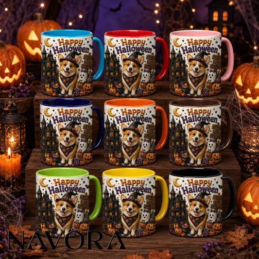 Happy Halloween Corgi accent mug with witch hat, haunted mansion, pumpkins and ghost decorations