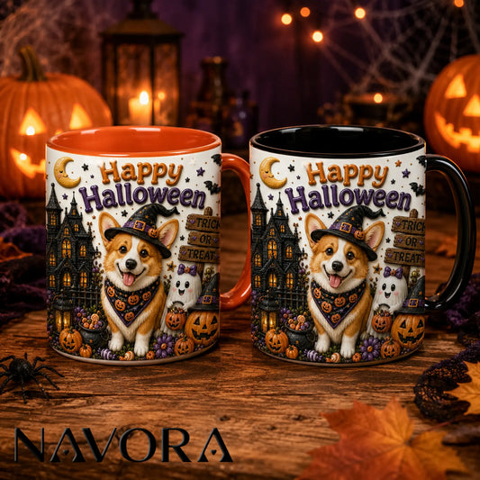 Happy Halloween Corgi accent mug with witch hat, haunted mansion, pumpkins and ghost decorations