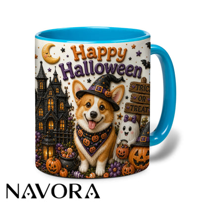 Happy Halloween Corgi accent mug with witch hat, haunted mansion, pumpkins and ghost decorations