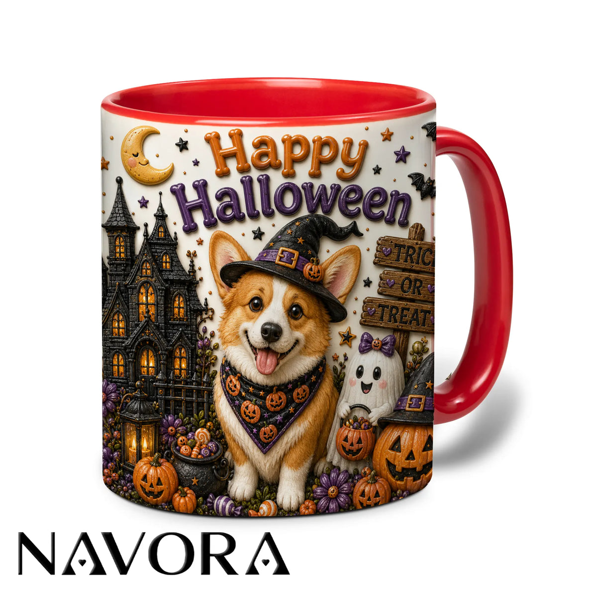 Happy Halloween Corgi accent mug with witch hat, haunted mansion, pumpkins and ghost decorations
