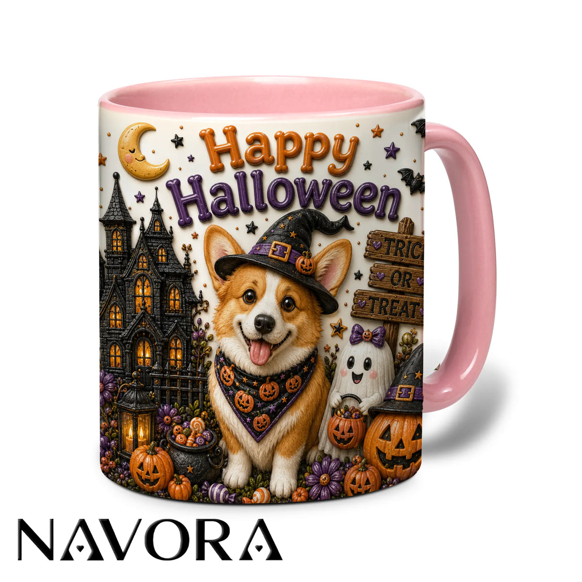 Happy Halloween Corgi accent mug with witch hat, haunted mansion, pumpkins and ghost decorations