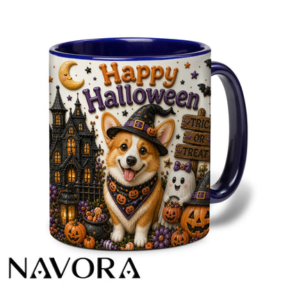 Happy Halloween Corgi accent mug with witch hat, haunted mansion, pumpkins and ghost decorations