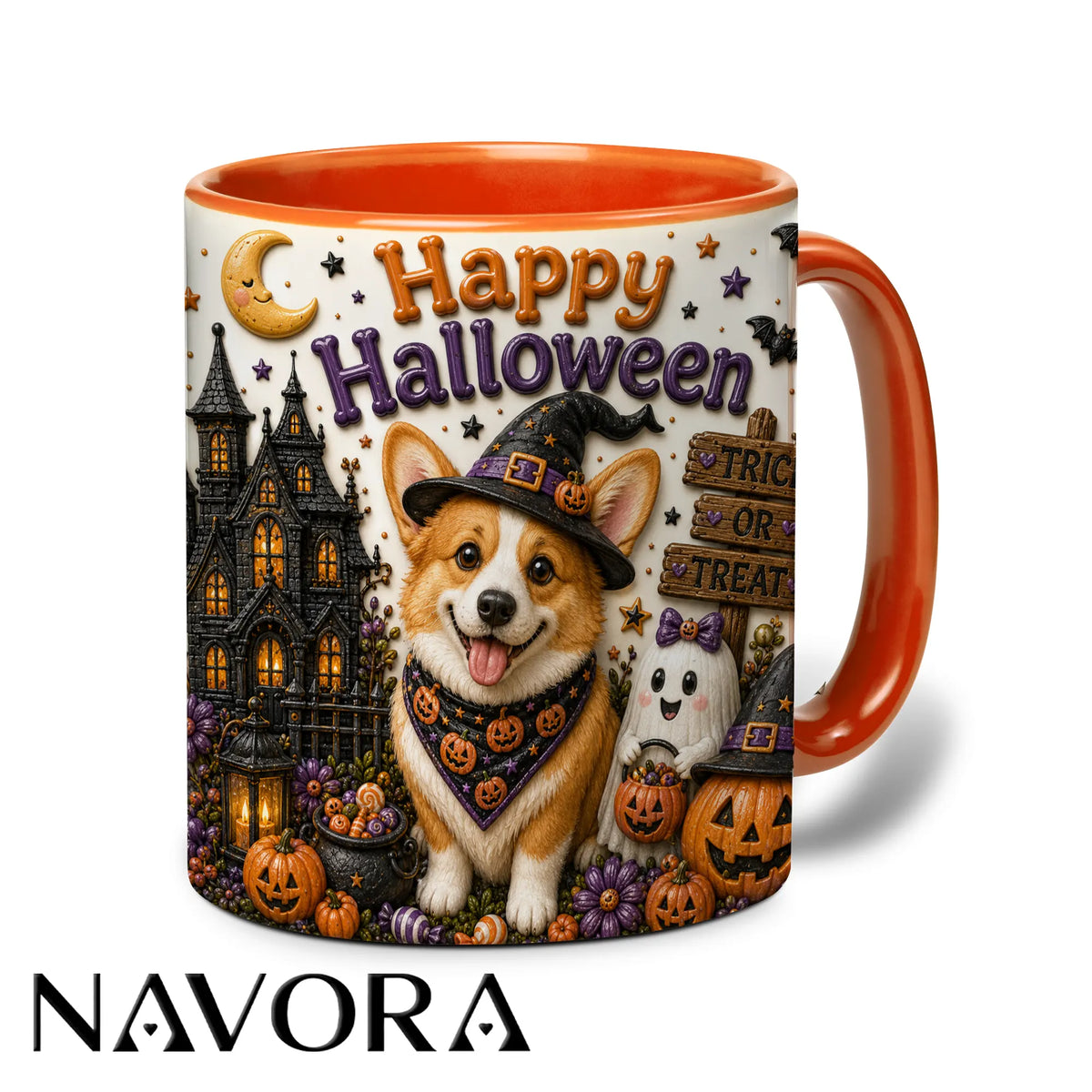 Happy Halloween Corgi accent mug with witch hat, haunted mansion, pumpkins and ghost decorations