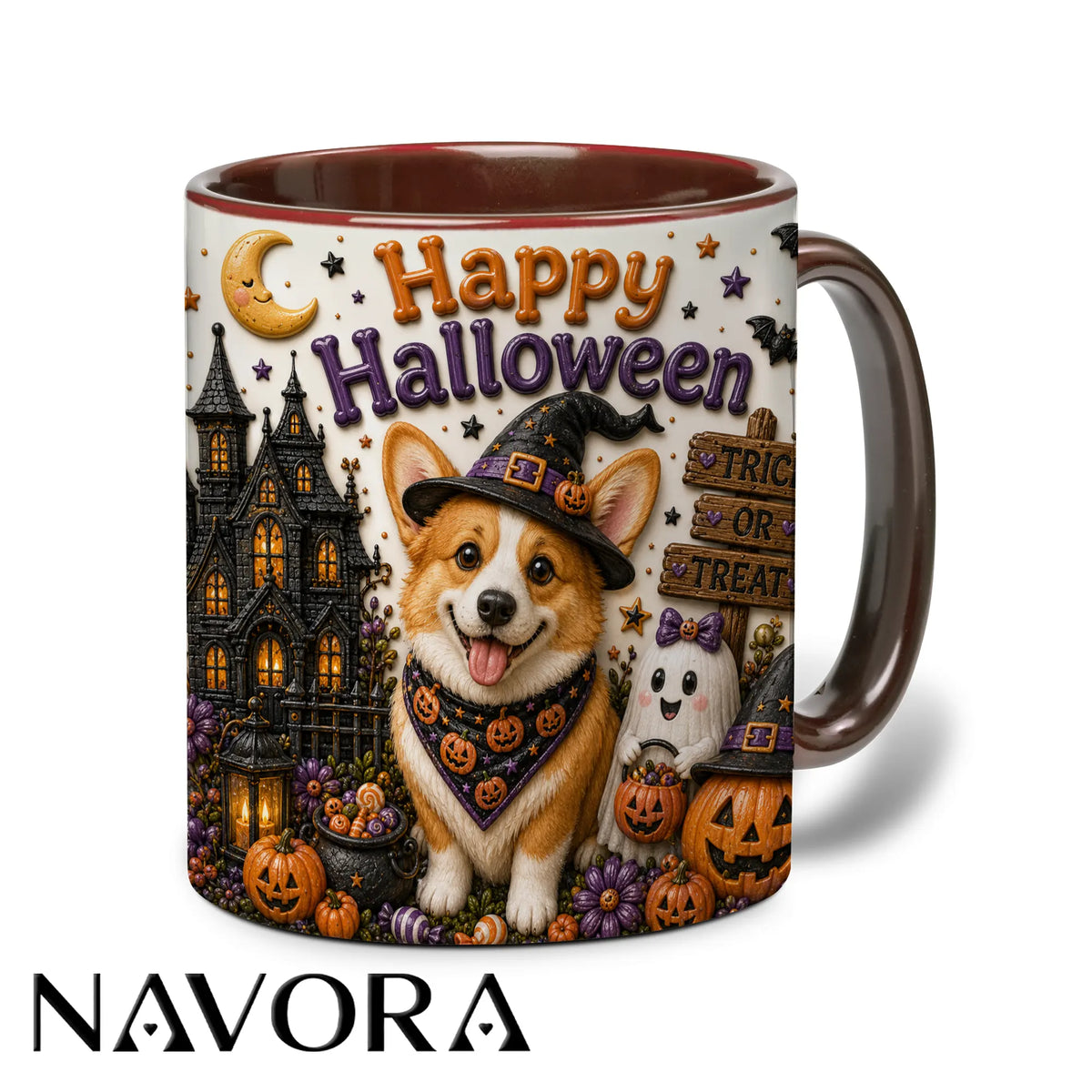 Happy Halloween Corgi accent mug with witch hat, haunted mansion, pumpkins and ghost decorations