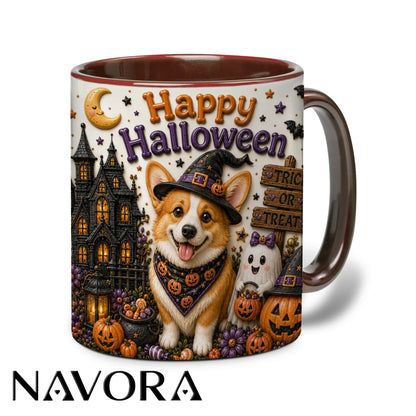 Happy Halloween Corgi accent mug with witch hat, haunted mansion, pumpkins and ghost decorations
