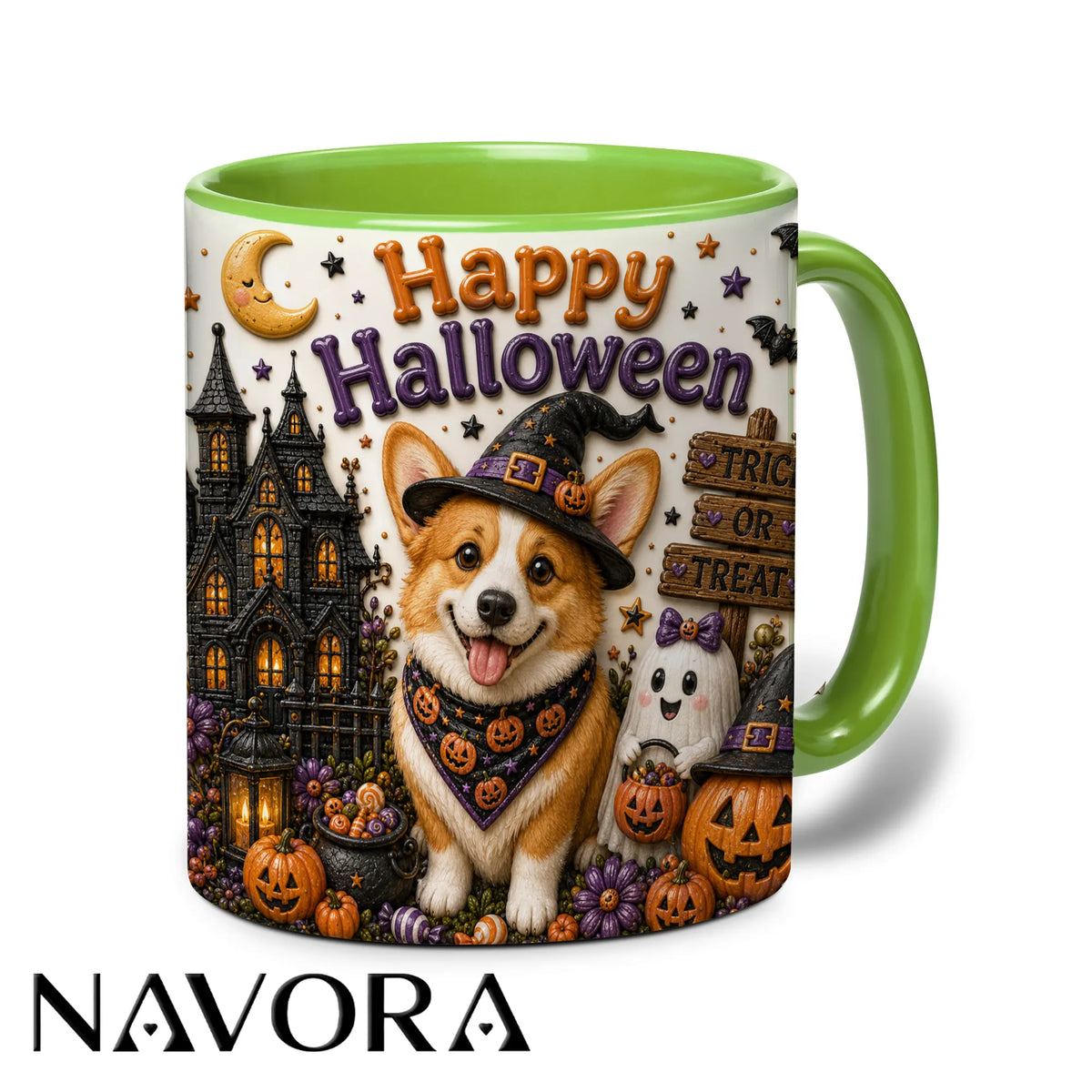 Happy Halloween Corgi accent mug with witch hat, haunted mansion, pumpkins and ghost decorations