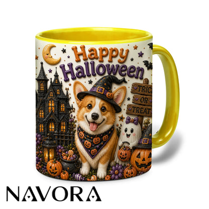 Happy Halloween Corgi accent mug with witch hat, haunted mansion, pumpkins and ghost decorations