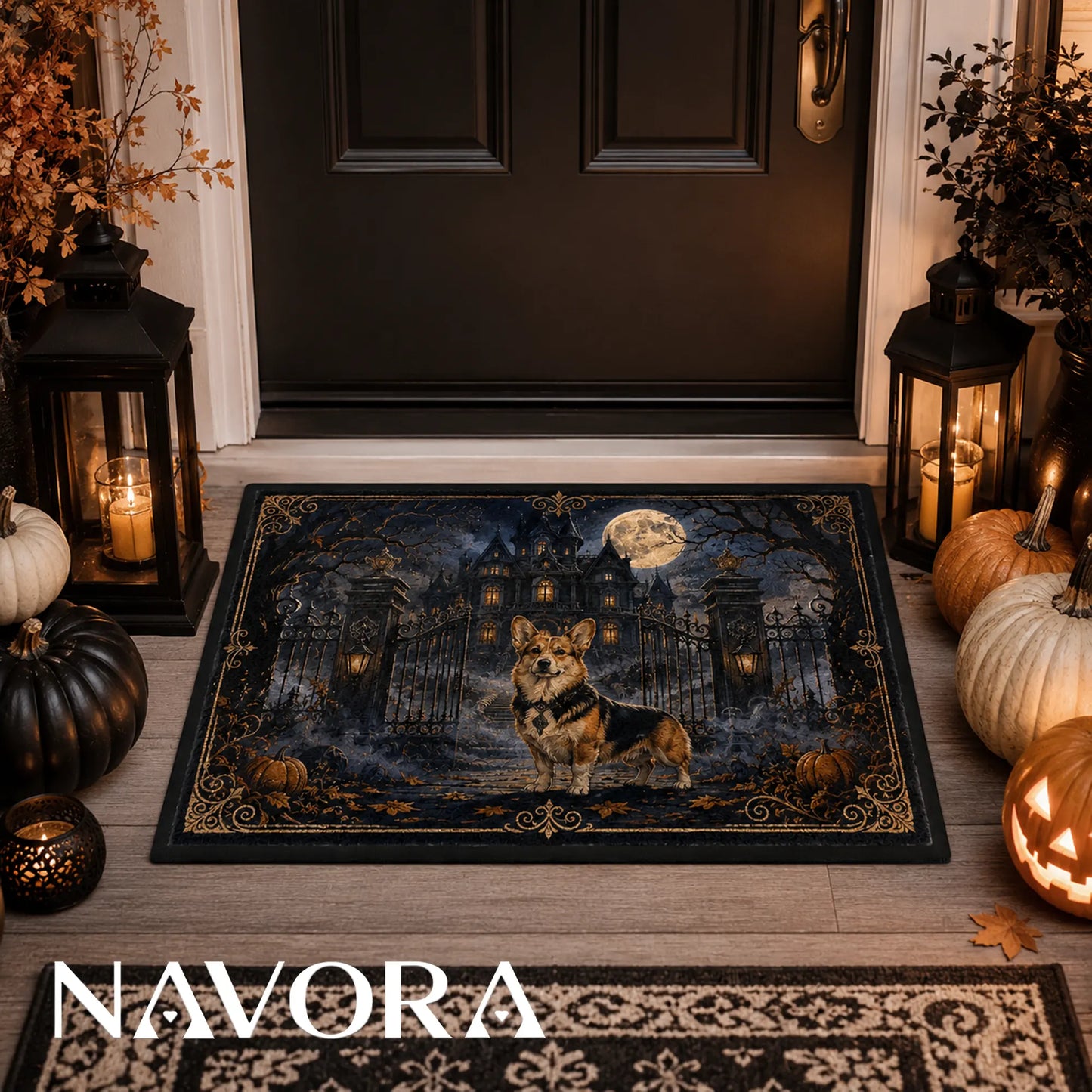 Moonlit haunted manor Corgi Halloween doormat with gothic gates