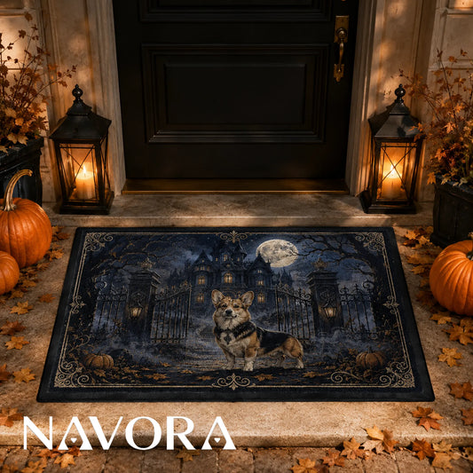Moonlit haunted manor Corgi Halloween doormat with gothic gates