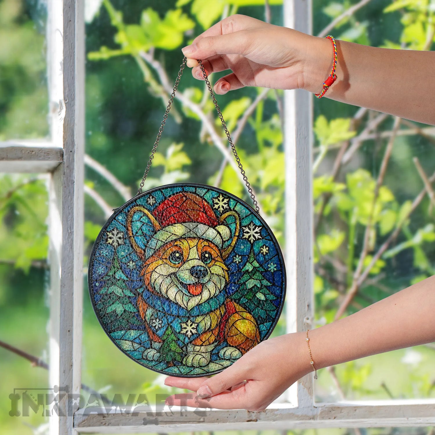 Corgi Stained Glass Suncatcher Christmas Holiday Dog Window Decoration