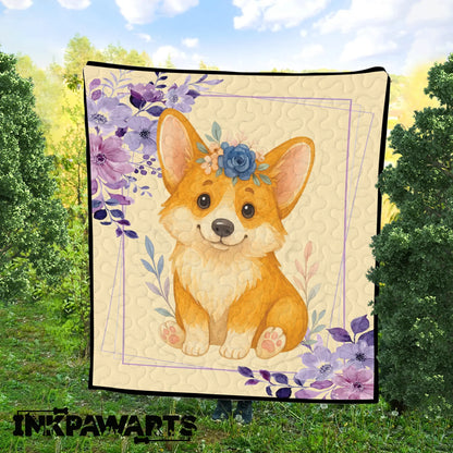 Personalized Baby Girl Corgi Quilt – Custom Name Floral Puppy Blanket for Girls