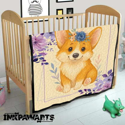Personalized Baby Girl Corgi Quilt – Custom Name Floral Puppy Blanket for Girls