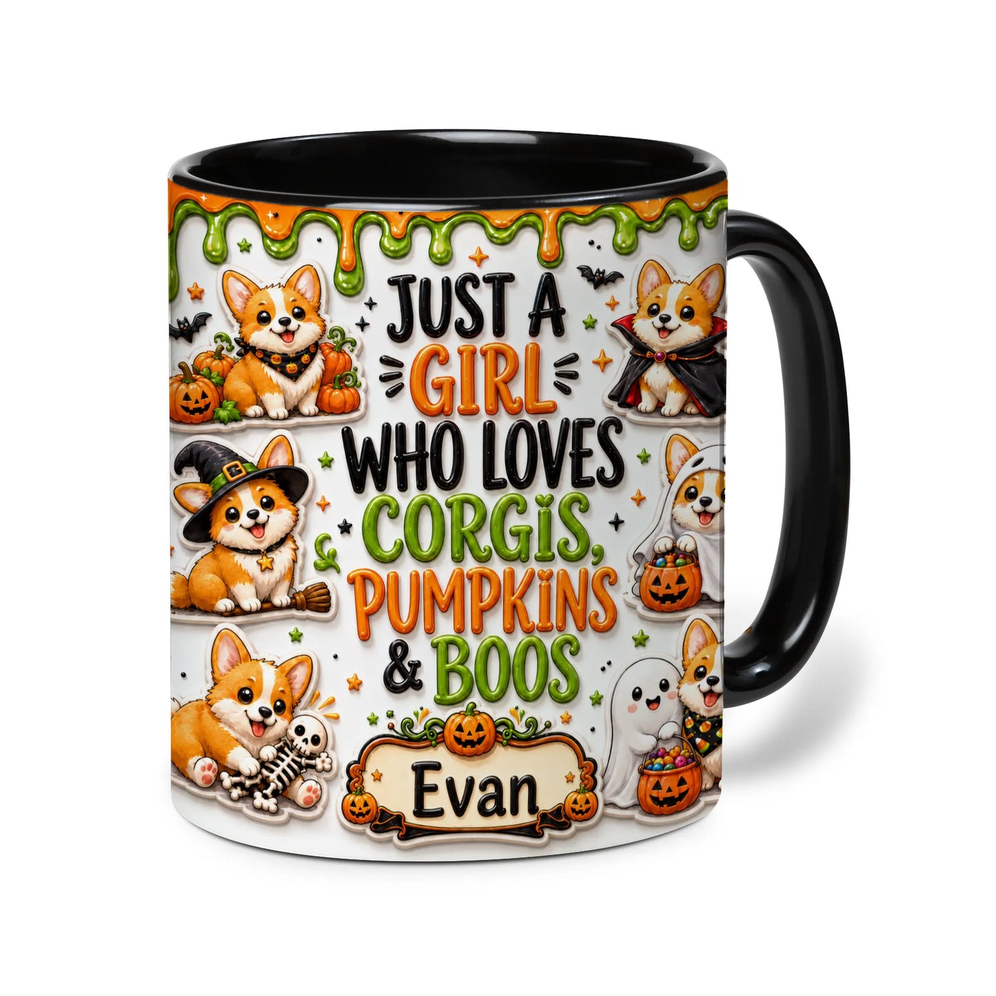 Personalized Corgi Halloween accent mug with orange handle, pumpkins, ghosts and custom name