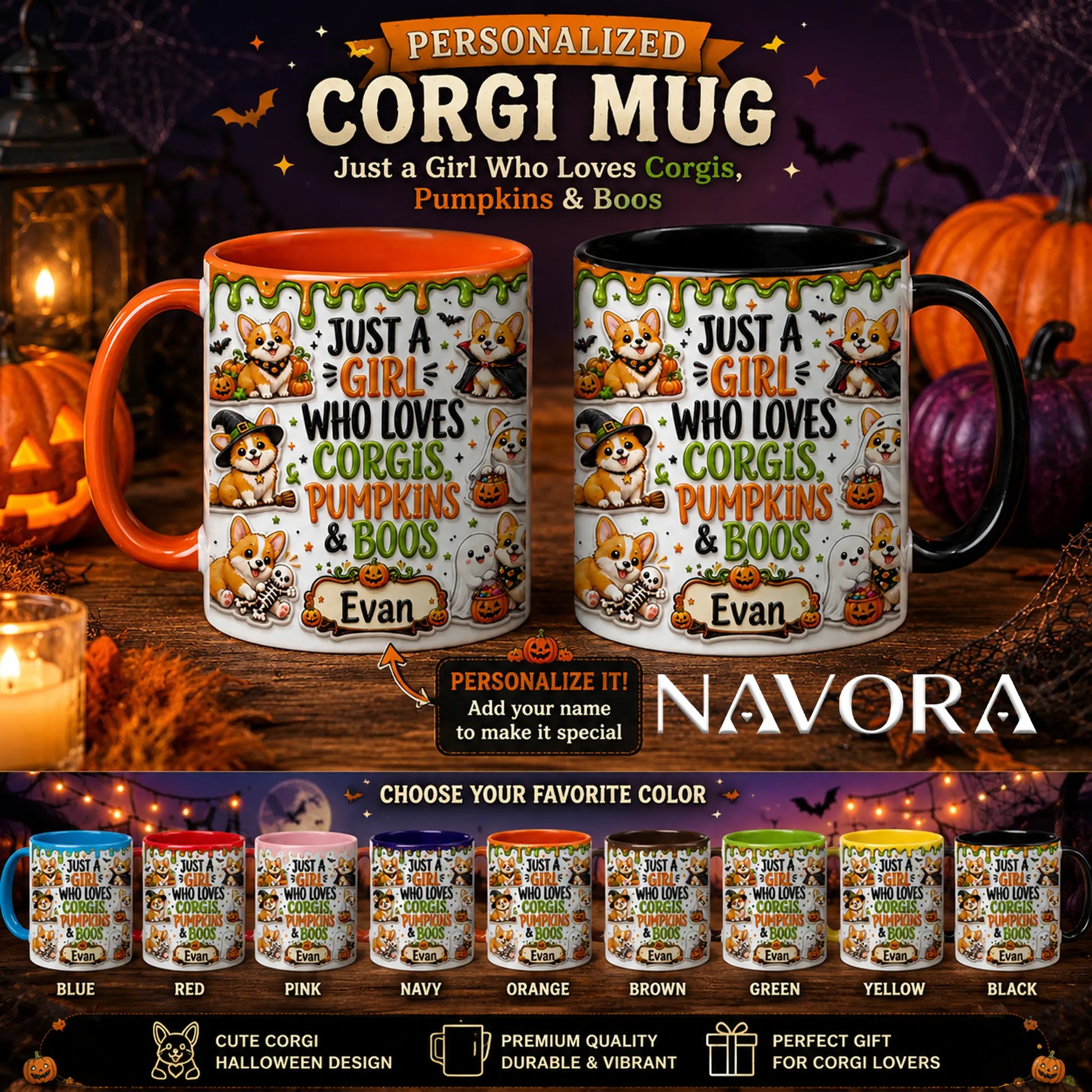 Personalized Corgi Halloween accent mug with orange handle, pumpkins, ghosts and custom name