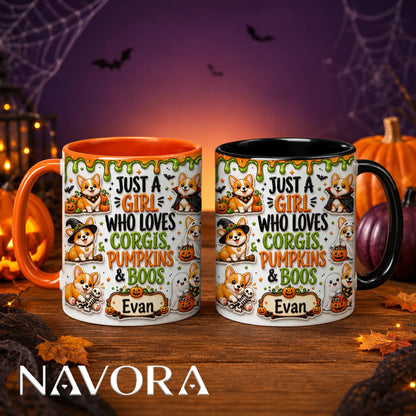 Personalized Corgi Halloween accent mug with orange handle, pumpkins, ghosts and custom name
