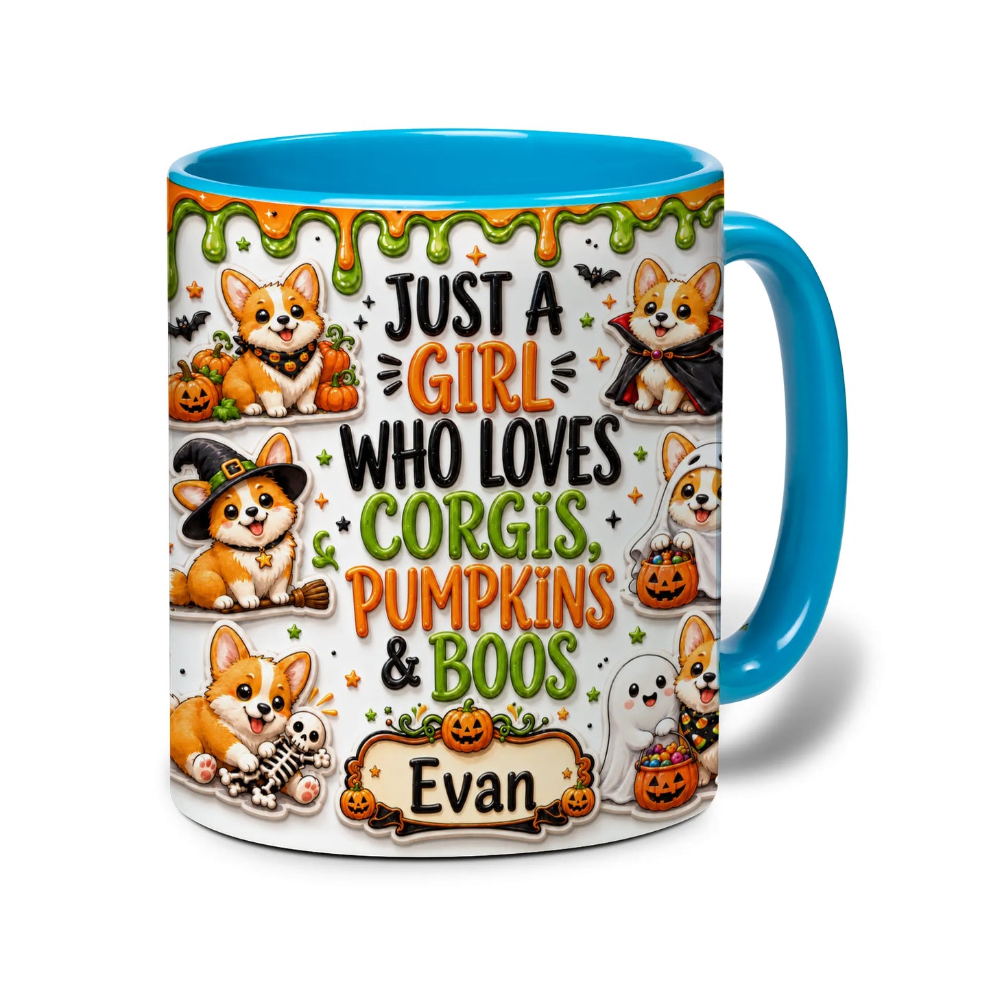 Personalized Corgi Halloween accent mug with orange handle, pumpkins, ghosts and custom name