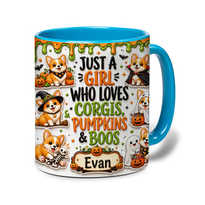 Personalized Corgi Halloween accent mug with orange handle, pumpkins, ghosts and custom name