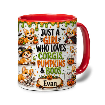Personalized Corgi Halloween accent mug with orange handle, pumpkins, ghosts and custom name