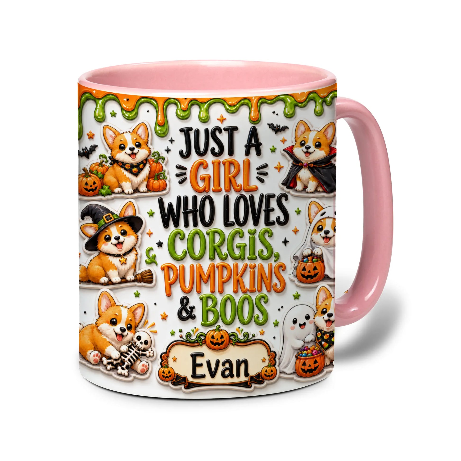 Personalized Corgi Halloween accent mug with orange handle, pumpkins, ghosts and custom name