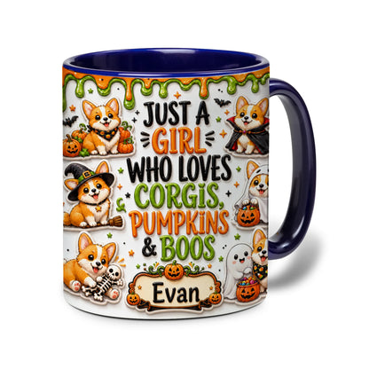 Personalized Corgi Halloween accent mug with orange handle, pumpkins, ghosts and custom name