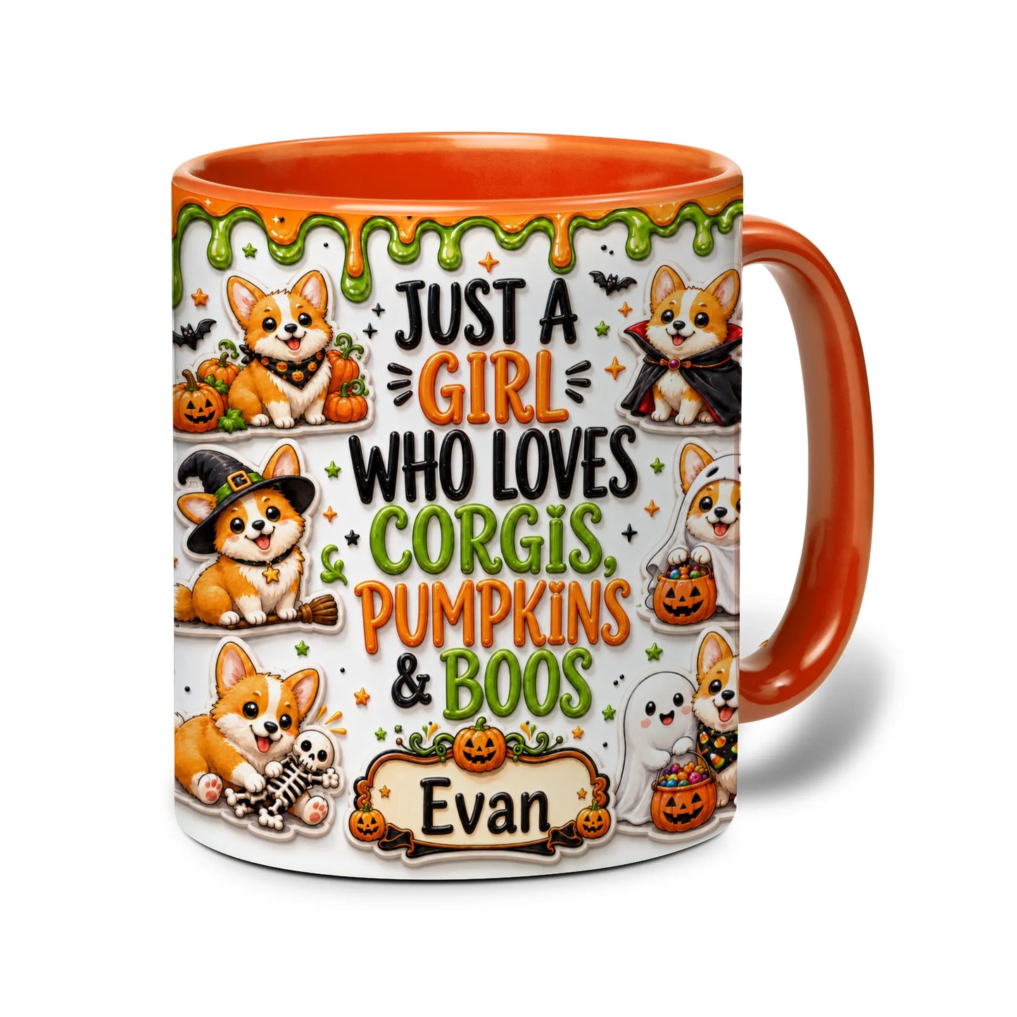 Personalized Corgi Halloween accent mug with orange handle, pumpkins, ghosts and custom name