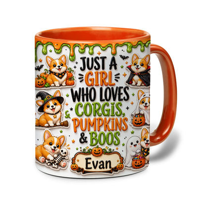 Personalized Corgi Halloween accent mug with orange handle, pumpkins, ghosts and custom name