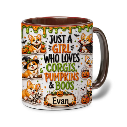 Personalized Corgi Halloween accent mug with orange handle, pumpkins, ghosts and custom name