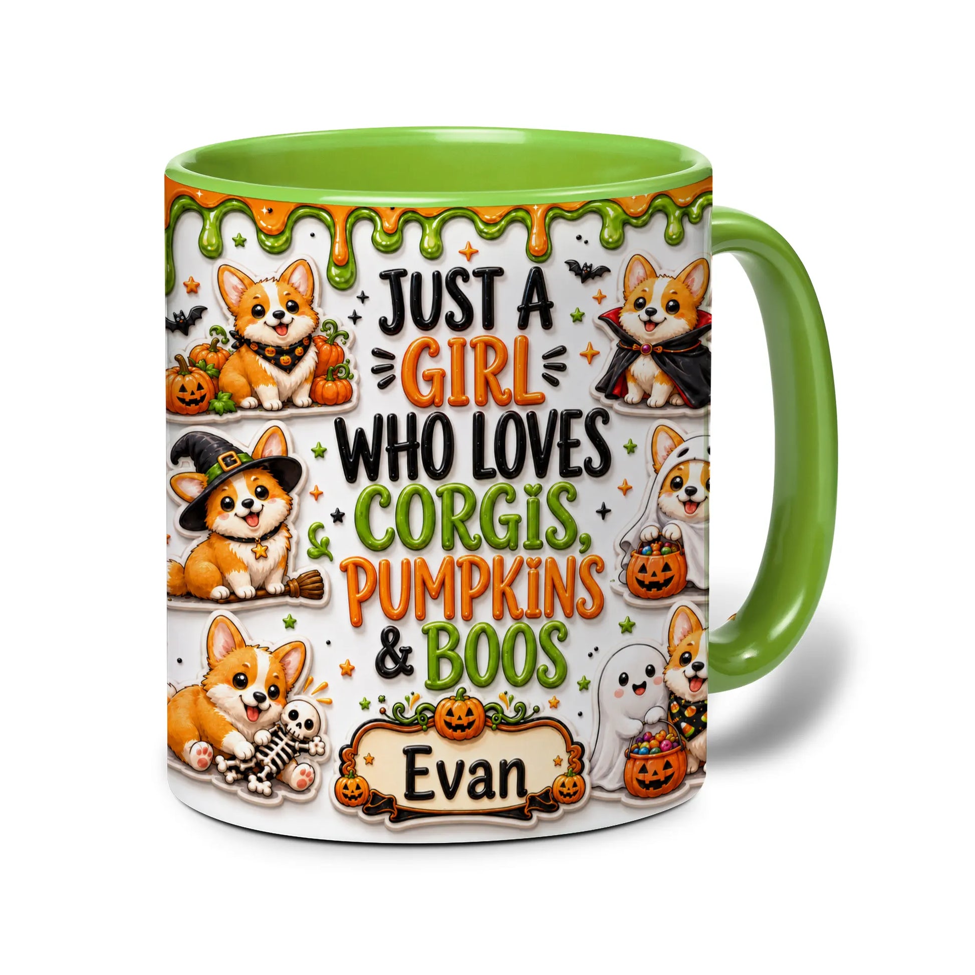 Personalized Corgi Halloween accent mug with orange handle, pumpkins, ghosts and custom name