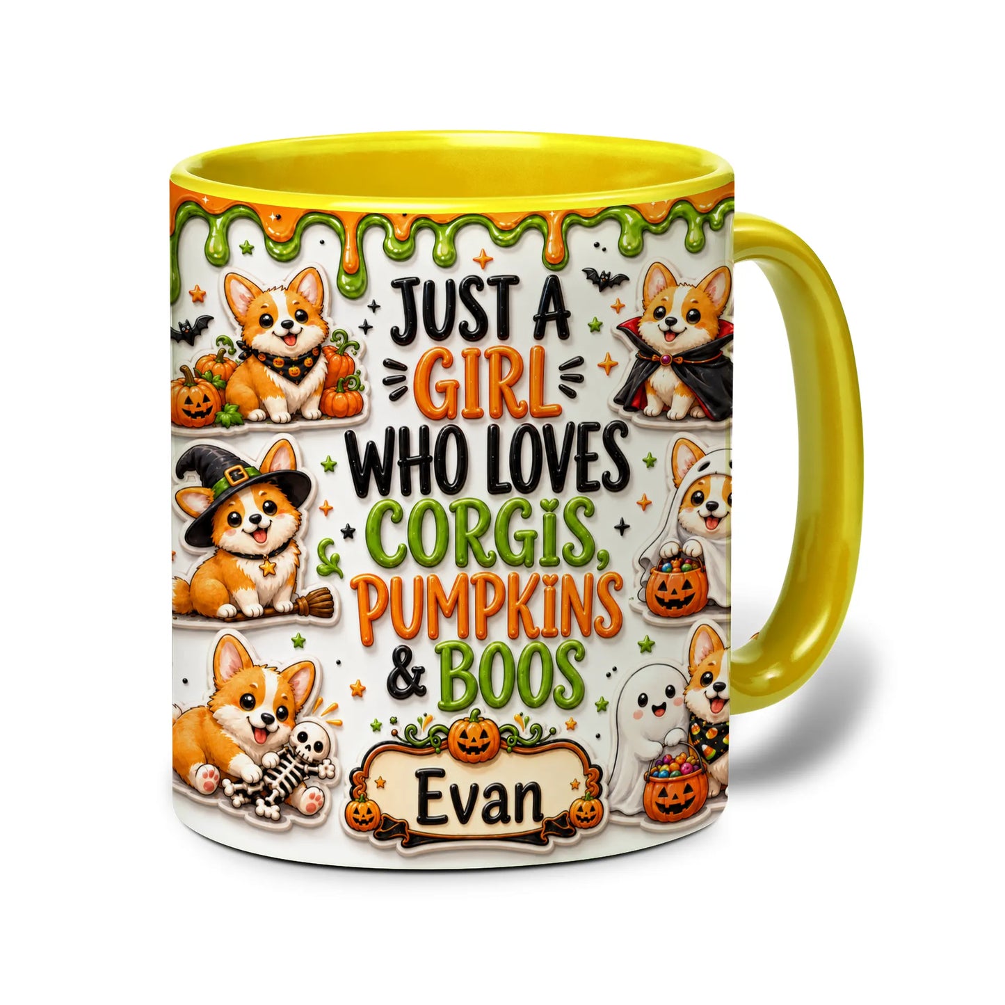 Personalized Corgi Halloween accent mug with orange handle, pumpkins, ghosts and custom name