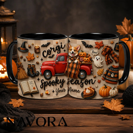 Personalized Corgi Halloween mug with pumpkins, ghosts, red truck and custom name
