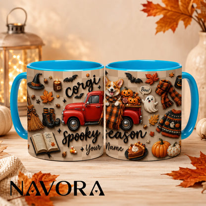 Personalized Corgi Halloween mug with pumpkins, ghosts, red truck and custom name