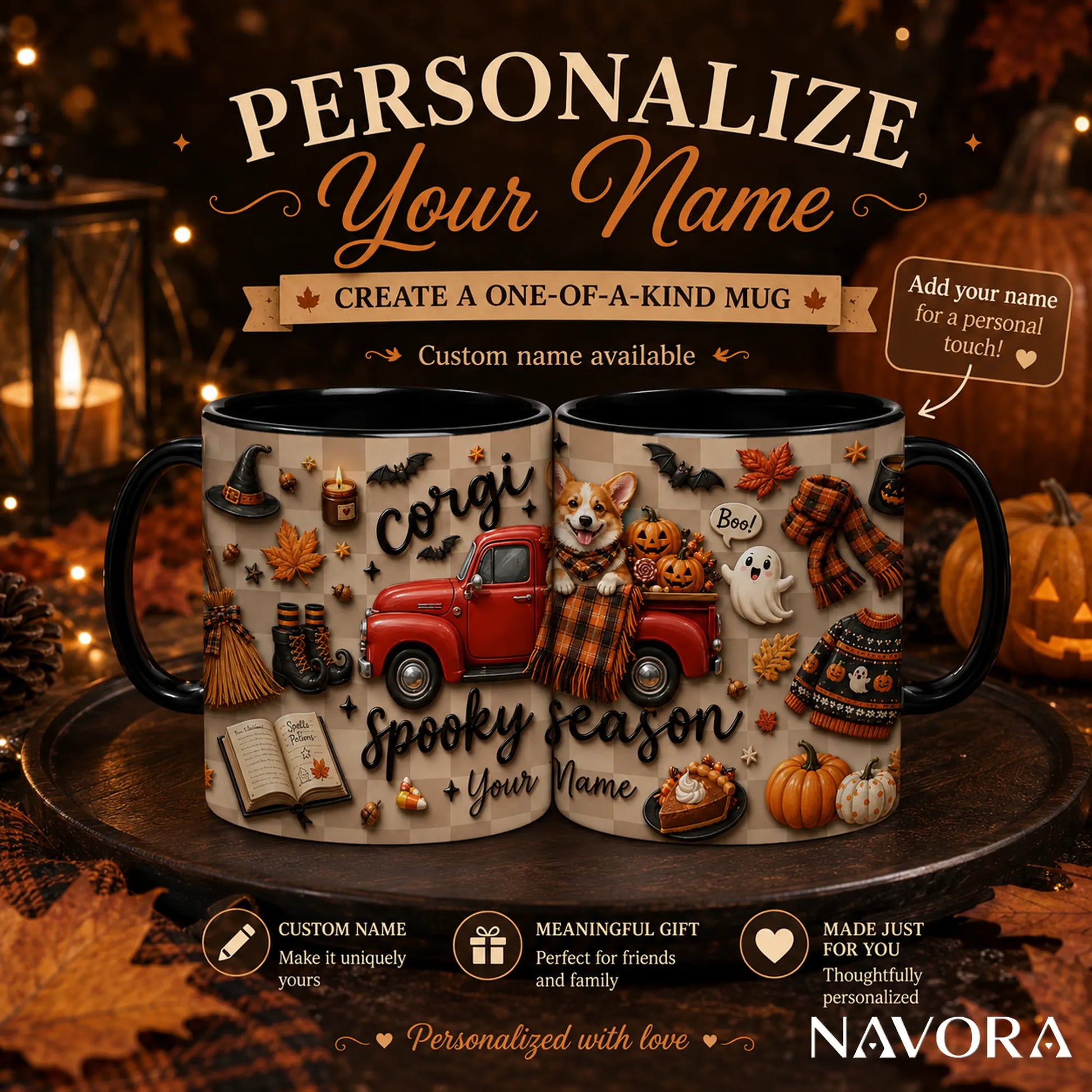 Personalized Corgi Halloween mug with pumpkins, ghosts, red truck and custom name