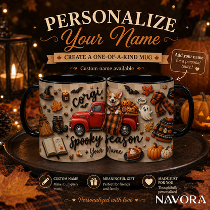 Personalized Corgi Halloween mug with pumpkins, ghosts, red truck and custom name