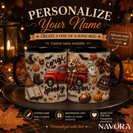 Personalized Corgi Halloween mug with pumpkins, ghosts, red truck and custom name