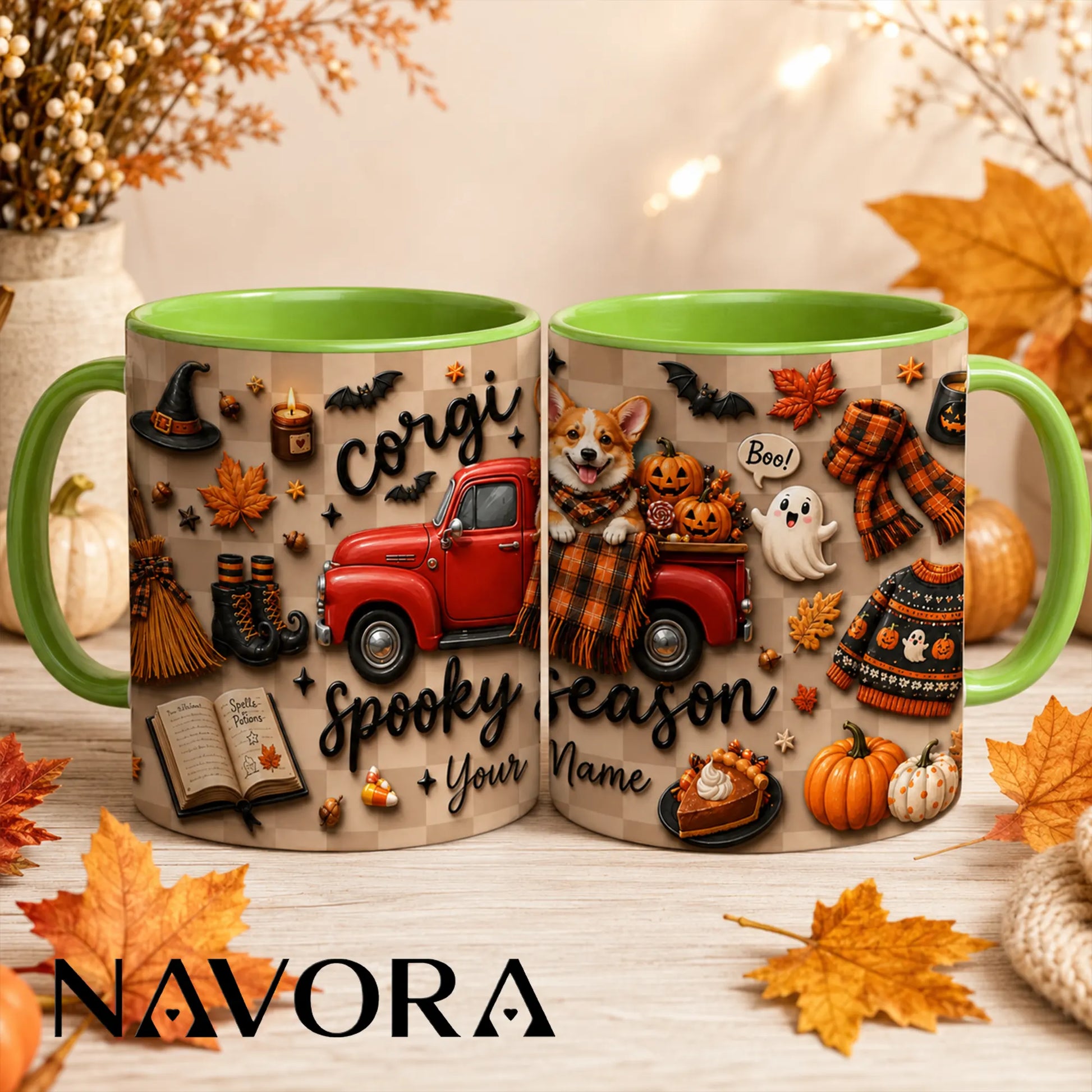 Personalized Corgi Halloween mug with pumpkins, ghosts, red truck and custom name