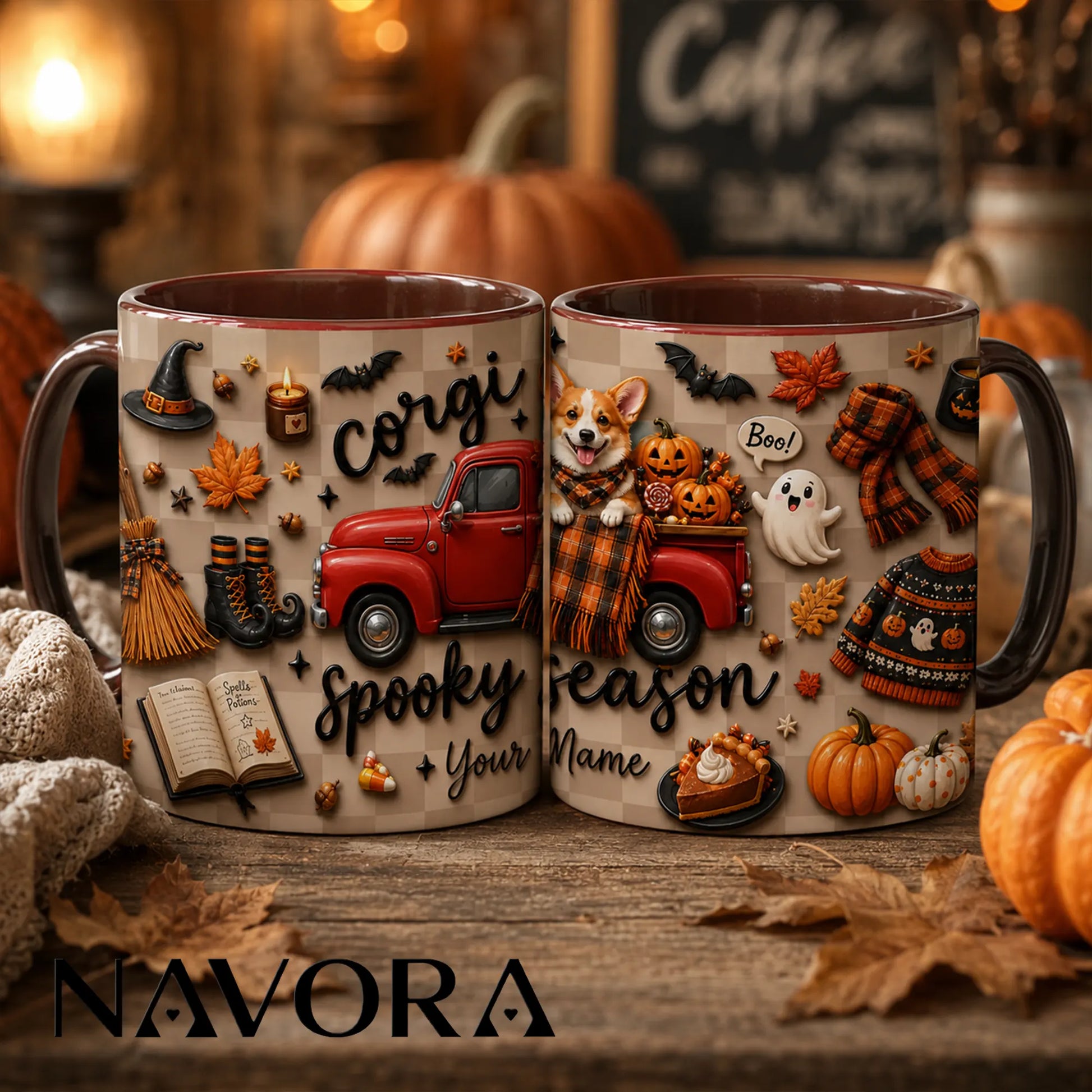 Personalized Corgi Halloween mug with pumpkins, ghosts, red truck and custom name