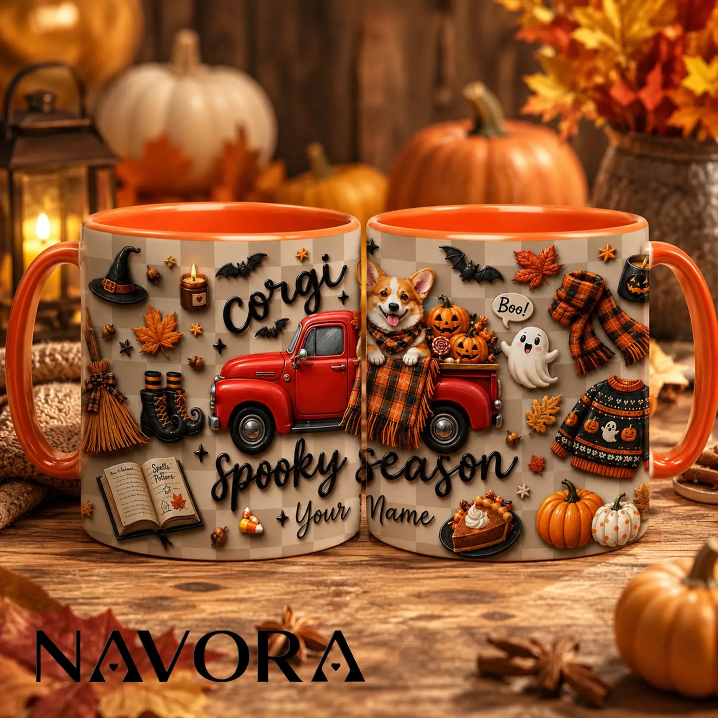 Personalized Corgi Halloween mug with pumpkins, ghosts, red truck and custom name