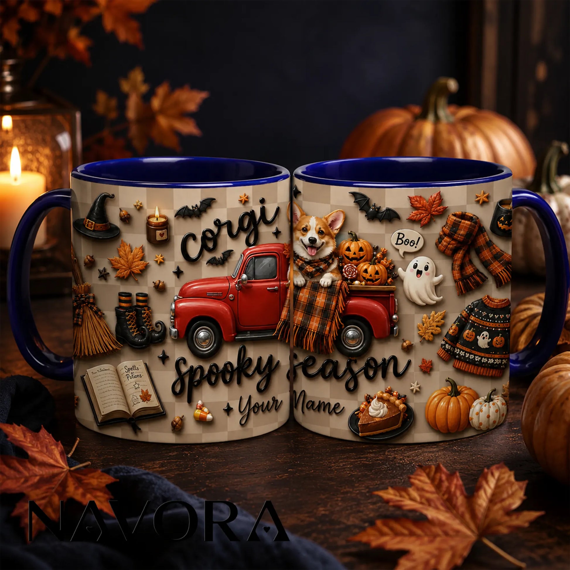 Personalized Corgi Halloween mug with pumpkins, ghosts, red truck and custom name