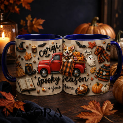 Personalized Corgi Halloween mug with pumpkins, ghosts, red truck and custom name