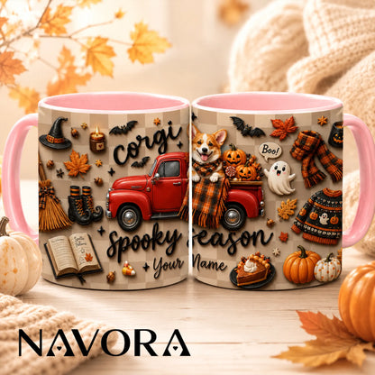 Personalized Corgi Halloween mug with pumpkins, ghosts, red truck and custom name