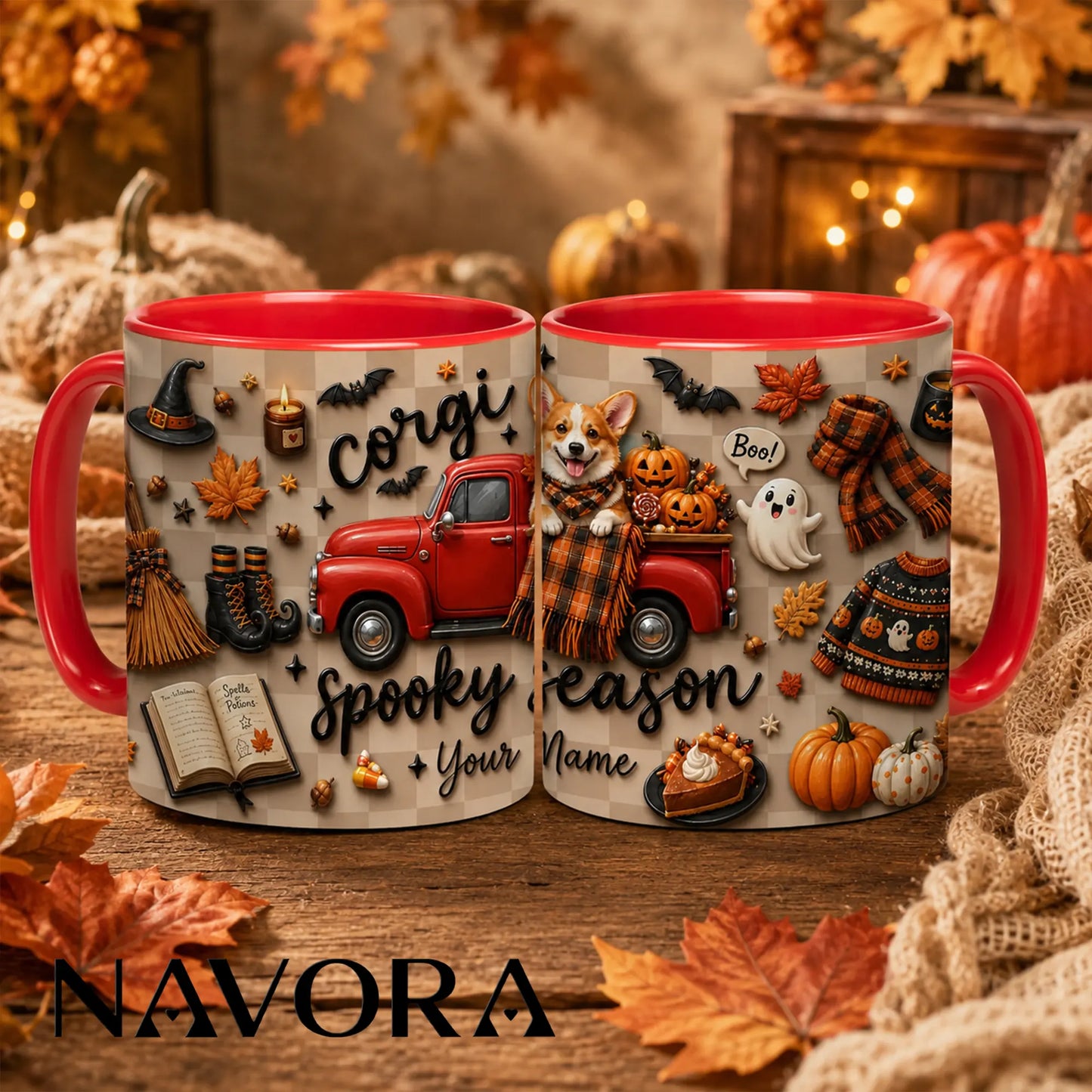 Personalized Corgi Halloween mug with pumpkins, ghosts, red truck and custom name