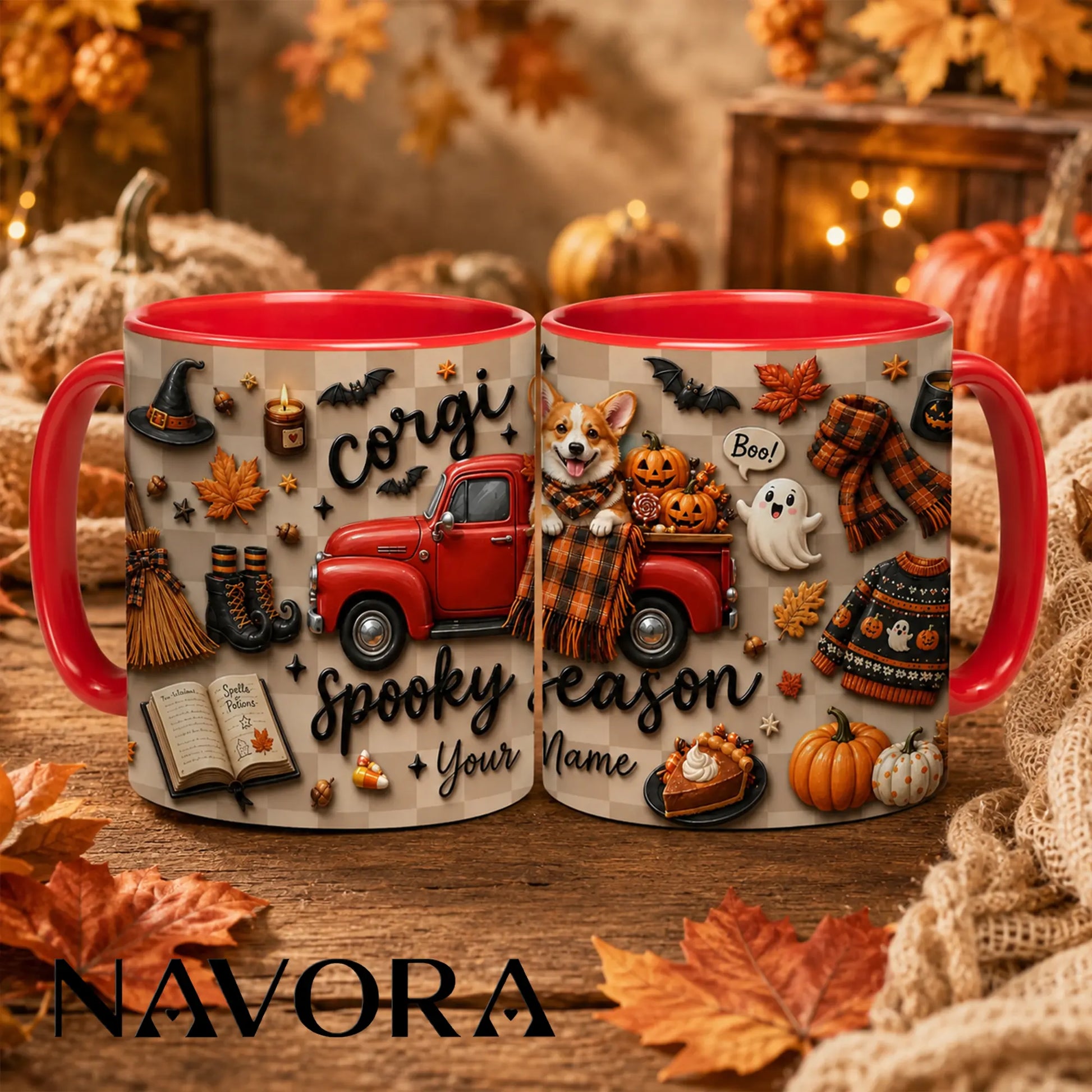 Personalized Corgi Halloween mug with pumpkins, ghosts, red truck and custom name