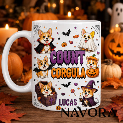 Personalized Count Corgula Halloween mugs in black and white with custom name, vampire, ghost, pumpkin, bat, coffin, and witch Corgis
